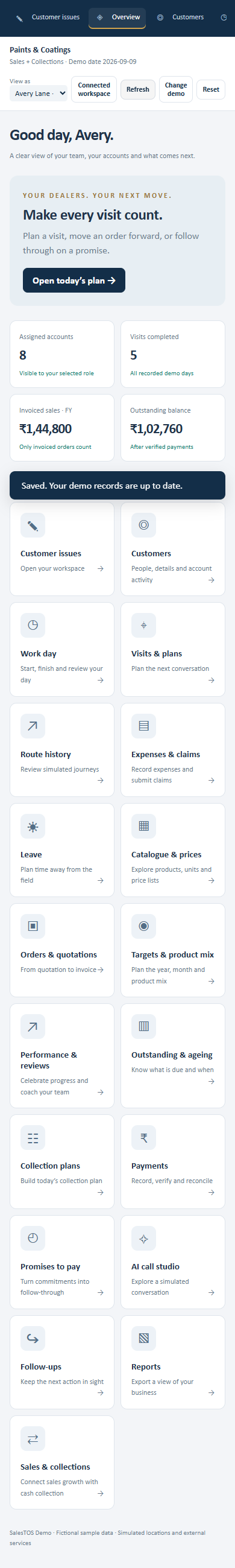 SalesTOS demo employee overview with fictional assigned accounts