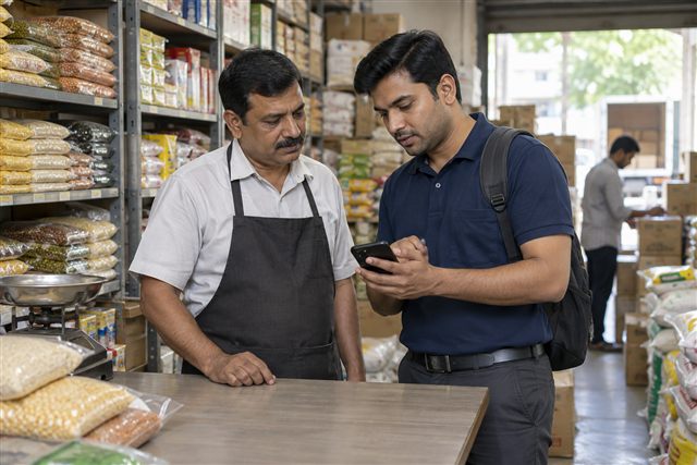 Field representative and grocery retailer reviewing an order on a phone
