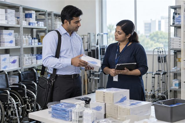 Medical supplies representative reviewing products with a healthcare distributor